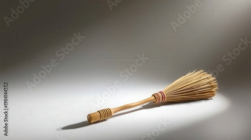 Broom laying on a flat surface with soft light highlighting its details