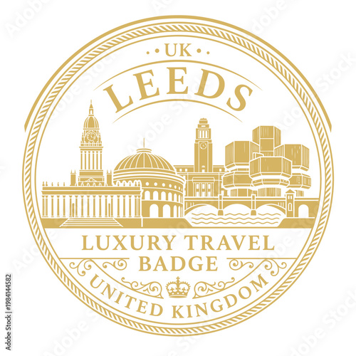 Leeds United Kingdom city skyline luxury travel badge isolated vector illustration