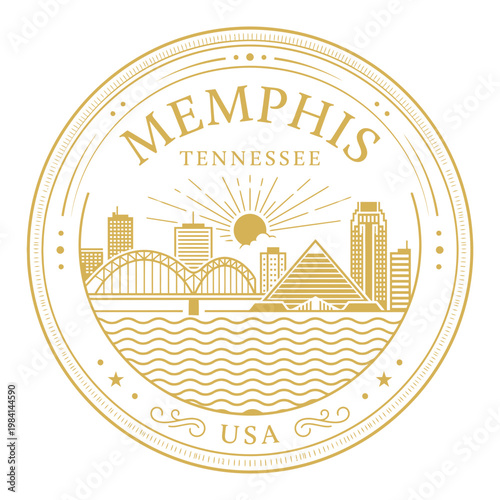 Memphis Tennessee skyline badge with pyramid and bridge gold line art vector illustration