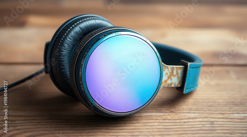 Headphones sit on a wooden table with a colorful ear cup design
