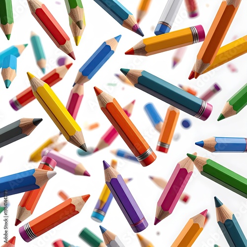 Assortment of vibrant colored pencils floating against a white background