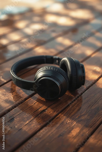 Headphones placed on wooden surface with sunlight shining through leaves in a relaxed setting