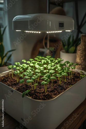 Indoor garden setup with green seedlings growing under light during daylight hours