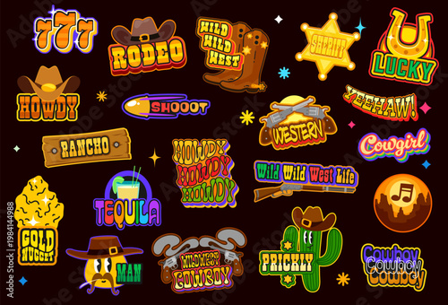 Wild West retro y2k groovy stickers, Western patch labels of vector cowboy hats, boots and cactus emoji, sheriff star and guns. Cute y2k smile emoticon, Western horseshoe and gold nugget stickers pack