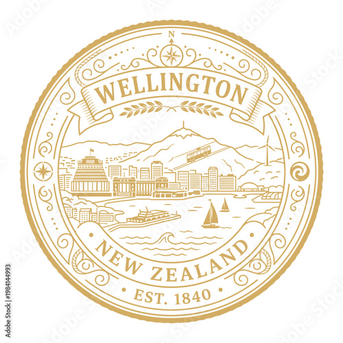 Wellington New Zealand vintage city seal with skyline landmarks and cable car vector illustration