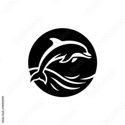 Creative negative space icon of a dolphin silhouette integrated with a sun disc, using bold black and white contrast to represent a marine sunset or sunrise in a minimalist style.
 