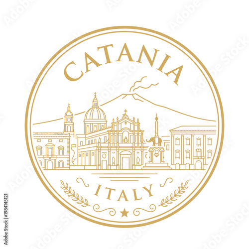 Catania Italy emblem featuring Mount Etna and Cathedral gold line art vector