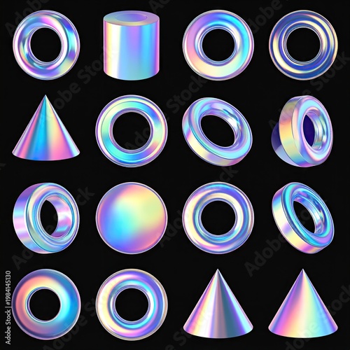Holographic geometric shapes against a black background
