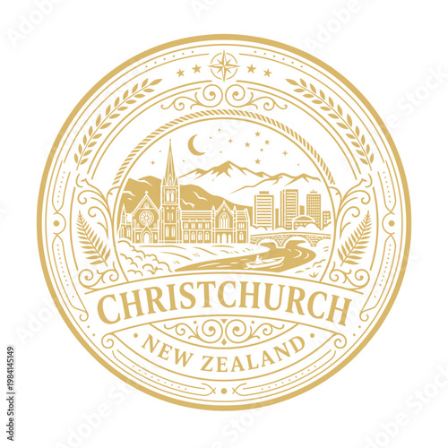 Christchurch New Zealand travel emblem featuring cathedral and mountains vintage gold vector