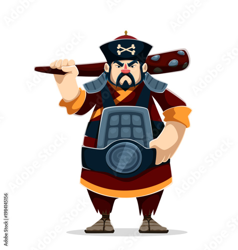 Cartoon Asian pirate character with mace weapon, beard and helmet. Vector oriental strong aggressive corsair, filibuster or rover personage, boldly posing, conveying a feeling of adventure and danger