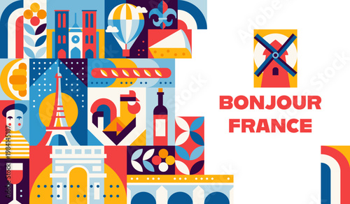 France travel and culture banner with modern geometric pattern. Vector retro tile background with Paris landmarks as Eiffel tower, arc de triumphed and Notre dame cathedral, croissant, wine or cheese