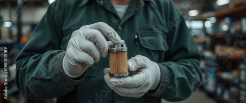 Worker holds a new oil filter in a workshop during a busy day