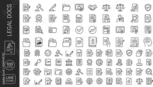 A collection of legal document icons in a line style on a white background AI, eps, png, jpg. transparent background.