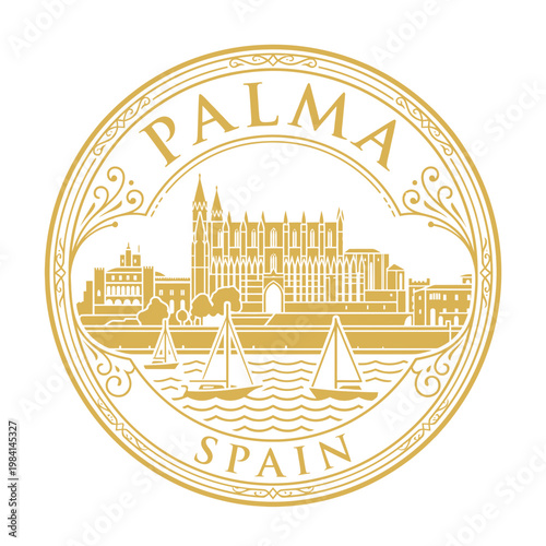 Elegant gold Palma Spain travel emblem featuring cathedral and sailboats vector illustration