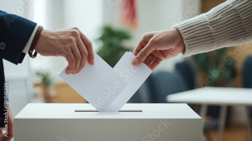 Two hands place a ballot in a voting box during an election at a polling station