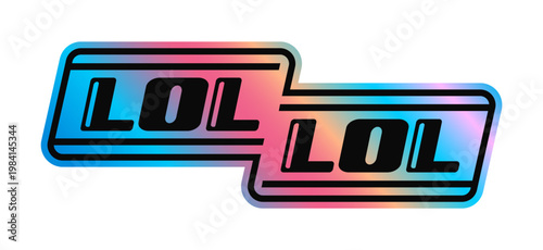 LOL hologram vintage Y2K sticker or tag. Glossy hologram sticker, reflective foil vintage vector label. Gradient chrome holographic Y2K tag with laugh out loud abbreviation typography
