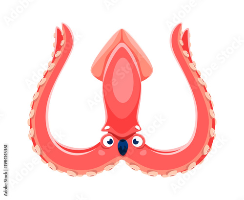 Pirate font cartoon squid character letter W. Pirate treasure hunt typeset element, corsair nautical typeface vector letter. Maritime type sign or font symbol with squid sea animal funny personage