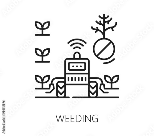 Smart farm weeding robot, agriculture technology thin line icon. Agriculture robot tech linear vector symbol, digital solution icon. Smart farm innovation outline sign with self driven robotic tractor