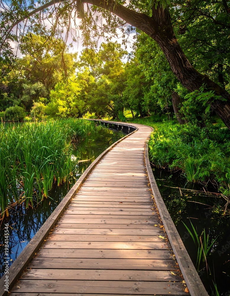 Obraz premium Wooden boardwalk meanders through lush wetlands, embraced by vibrant trees and sunlight