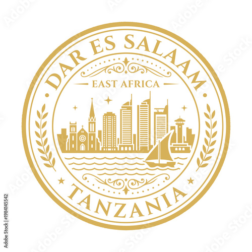 Gold Dar es Salaam Tanzania city skyline seal emblem isolated on white background vector illustration