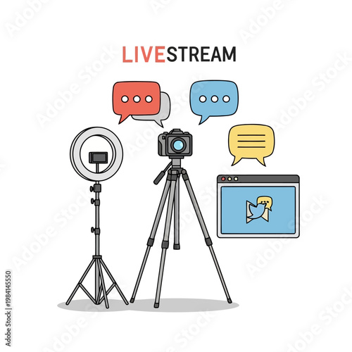 Live streaming setup with camera ring light tripod and chat bubbles online broadcasting content creation technology and digital communication concept.