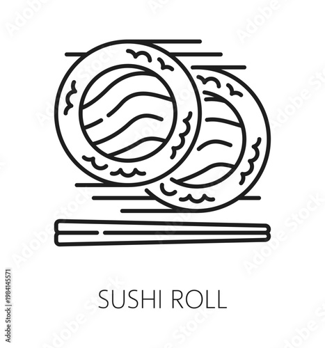 Japan sushi roll, Asian travel line icon or symbol. Japan holiday travel symbol, Asian country culture trip outline vector sign. Japanese tourism journey icon with sushi meal rolls and chopsticks