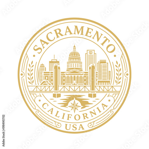 Gold Sacramento California city emblem with skyline and capitol building vector illustration