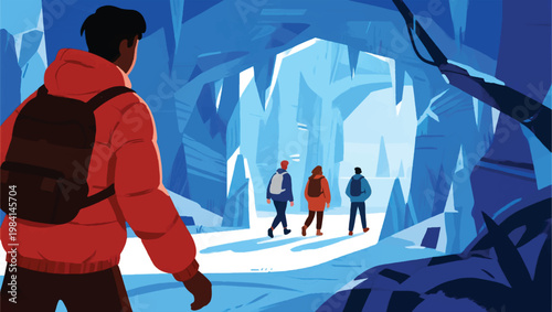 Illustration Of A Group Of People Walking In An Ice Cave Vector Design Template