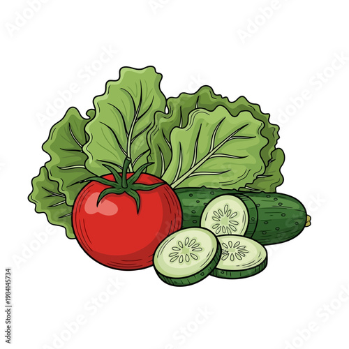 Fresh vegetables including a ripe red tomato, crisp green lettuce leaves, and sliced cucumbers, healthy produce for salads and cooking, natural ingredients for balanced diet.