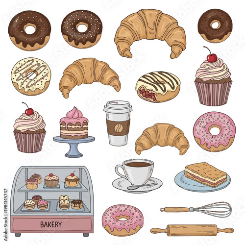 Selection of bakery items such as donuts, croissants, cupcakes, and cake, plus coffee, sandwich, and baking tools, assorted pastries and desserts for sale, coffee shop treats.