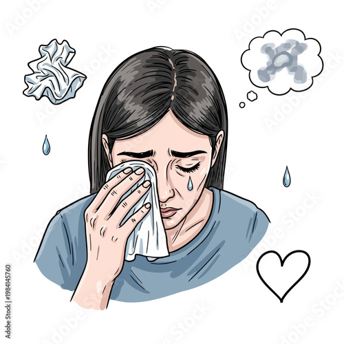 Sad woman crying and wiping tears with tissue, feeling heartbroken and distressed, emotional pain and sorrow, mental anguish and sadness, dealing with loss.