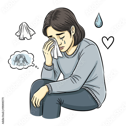 Woman crying while sitting, wiping tears with a tissue, feeling despair and sadness, emotional pain and distress, heartbroken and lonely, internal struggle.