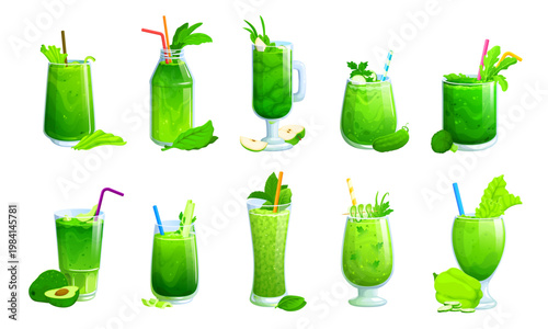 Cartoon green vegan smoothie drink glasses. Vector detox fruit and vegetable juice, milkshake and yogurt smoothie jars with spinach and celery leaves, green apple, avocado, cucumber and drinking straw