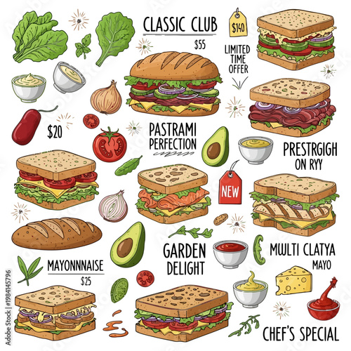 Variety of gourmet sandwiches with fresh ingredients displayed in a menu style, perfect for cafe and deli advertising and promotions.