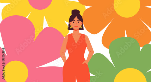 Woman standing in front of colorful flowers.