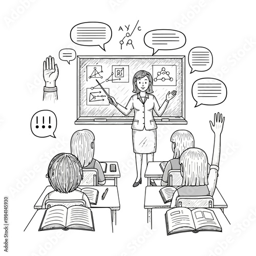 Teacher explaining complex diagrams on blackboard to attentive students raising hands in a classroom, speech bubbles showing communication and questions, educational concept, black and white