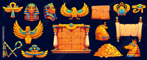 Ancient Egyptian treasures for Egypt game icons and assets, cartoon vector set. Ancient Egypt game elements of pharaoh tomb and pyramid stones, golden money coins and Anubis god with papyrus scroll