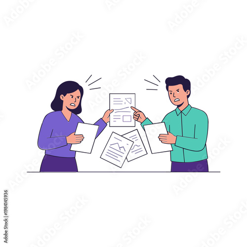 Two coworkers discussing papers at office desk with documents flying