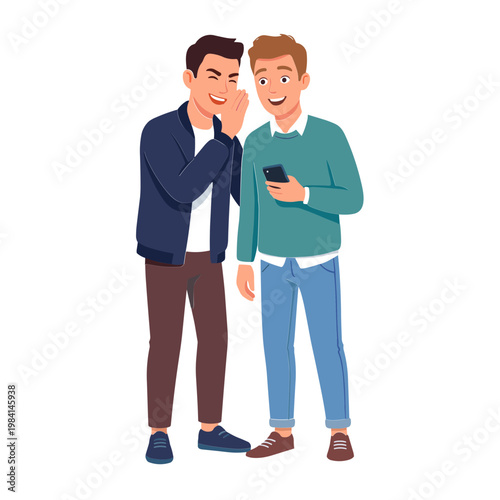Two young men sharing a secret with a smartphone in casual clothing