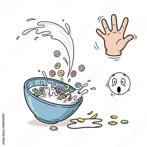 Cereal bowl overflowing with milk and colorful hoops splashes and spilled bits with surprised face and hand illustration representing mess.