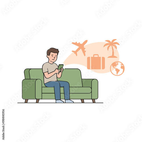 Man sitting on green couch thinking of travel with phone