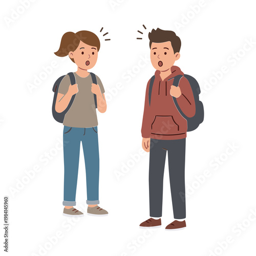 Two students shocked reaction with backpacks on