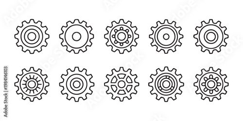 Detailed gear wheel line icons set for technical illustrations and mechanical engineering blueprints.