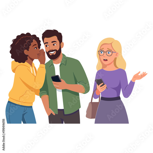 A woman whispers to a man holding a phone, while another woman looks on surprised.