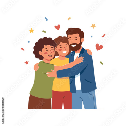 A family with a man, woman, and child are celebrating together happily outdoors.