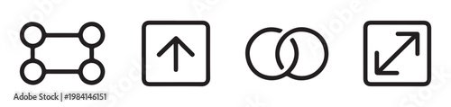 Minimalist black linear icon set for web navigation including upload link nodes and resize symbols.
