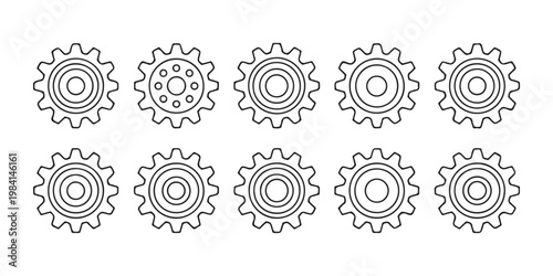 Machine gear wheel outline icons set with different internal circle designs for engineering projects.