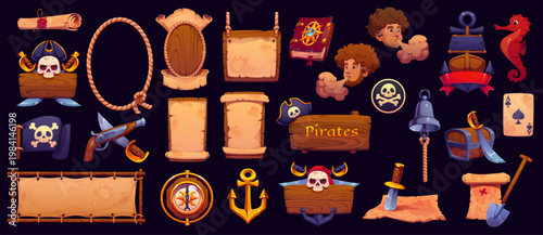 Pirate signboards, frames and heraldry icons, vector piracy. Cartoon old wood boards with corsair ship, captain pirate hats and swords, treasure maps and chest, vintage compass, anchor and rope icons