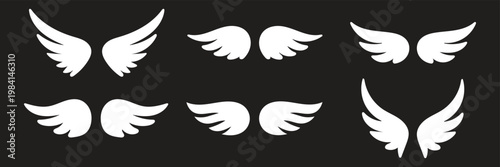 Wings with long feather. Angel or bird wing flat black icon set. Aviation pilot patch badge. Heraldic vintage army insignia emblem falcon phoenix hawk. Flying winged frame. Biker logo stencil stamp