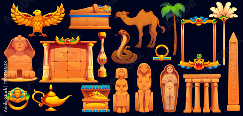 Ancient Egypt game icons asset, vintage egyptian symbols and treasures, vector UI. Cartoon gold pharaoh tomb, mummy, golden scarab frame and chest game icons. Ancient Egypt sphinx and obelisk monument